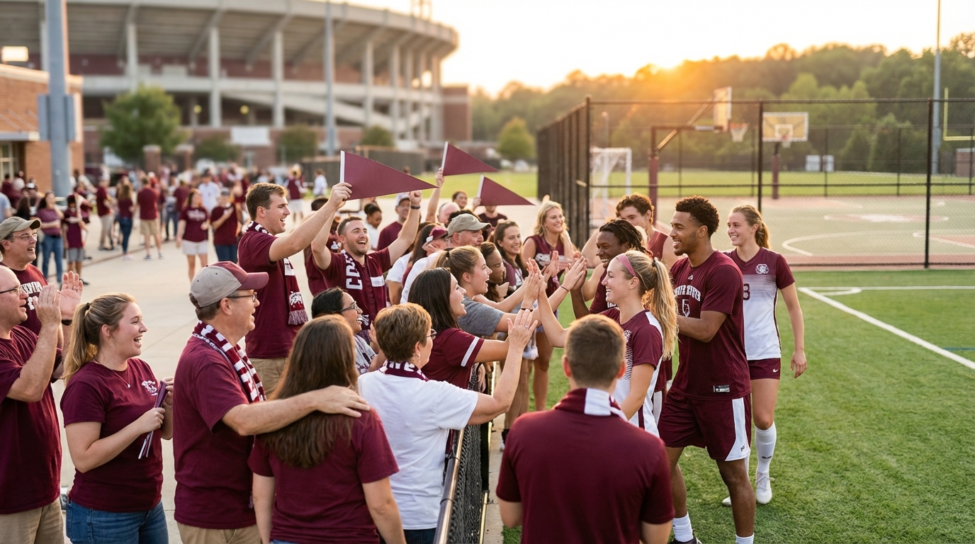 Aggies fans and athletes celebrating in warm golden light