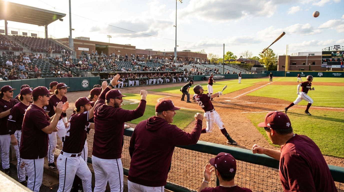 Texas A&M players celebrating a home run at Taylor Stadium