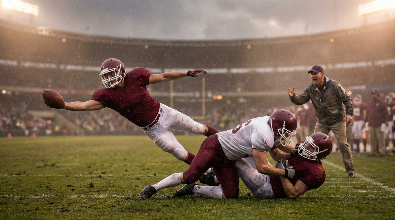 Texas A M Aggies players battling on a rainy field