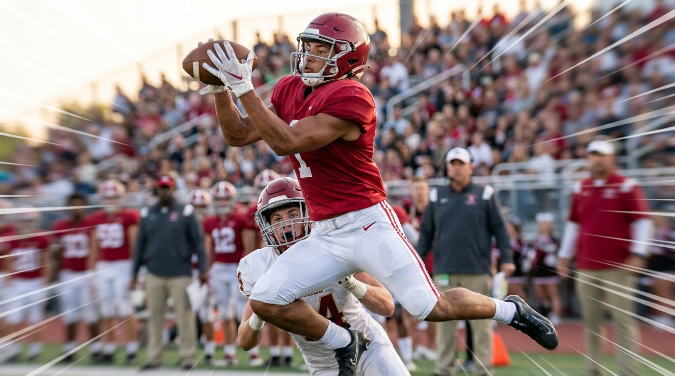 Four-star wide receiver mid-air catching a pass