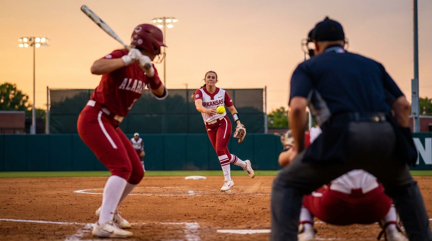 Alabama batter connecting with pitch in pivotal play, Arkansas pitcher finishing delivery, packed stadium blurred in background.