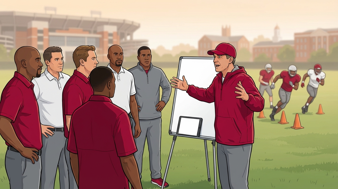 Coaches in a semi circle on a practice field, lead coach demonstrating a drill; crimson and white palette, players in the background, no text.