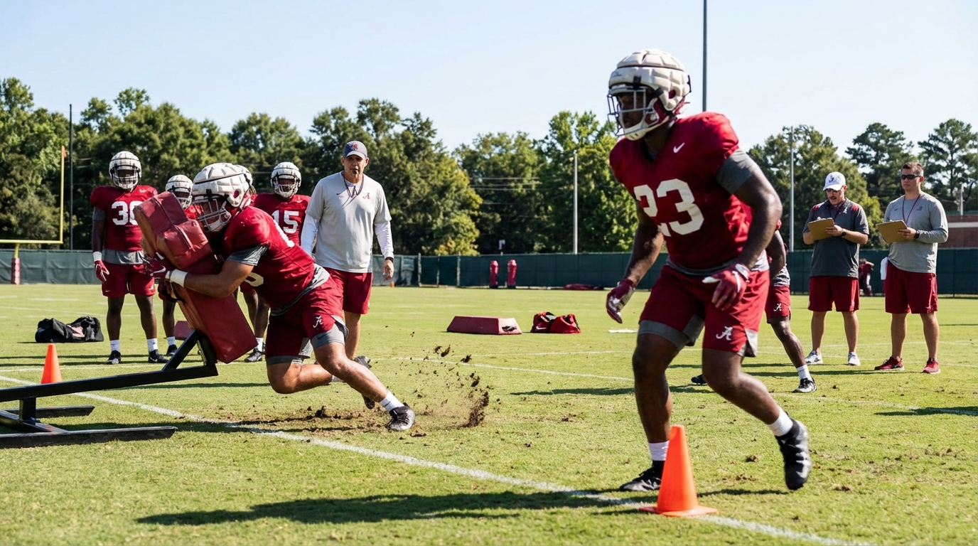 Alabama Crimson Tide linebackers practicing drills during spring practice