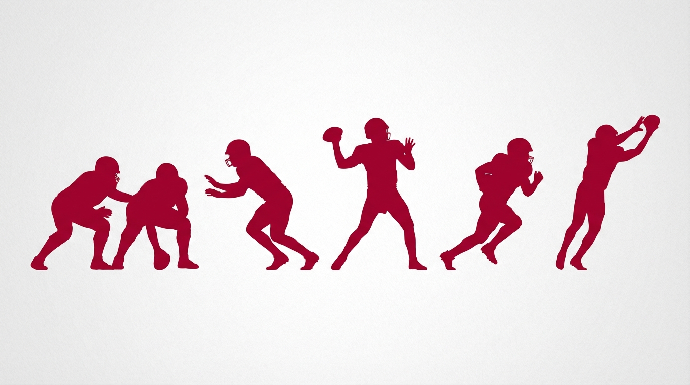 Silhouettes of Alabama offensive players in crimson and white