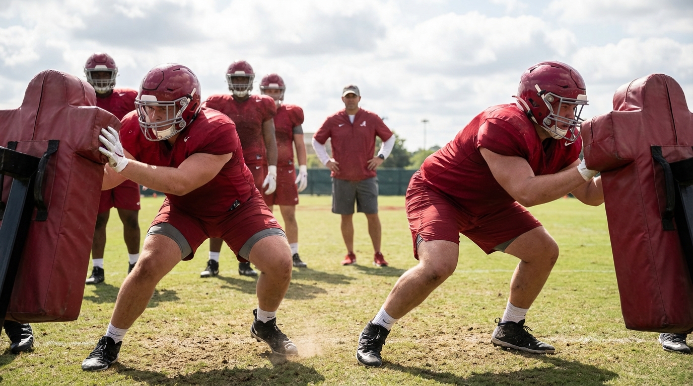 Alabama offensive linemen practicing in crimson gear