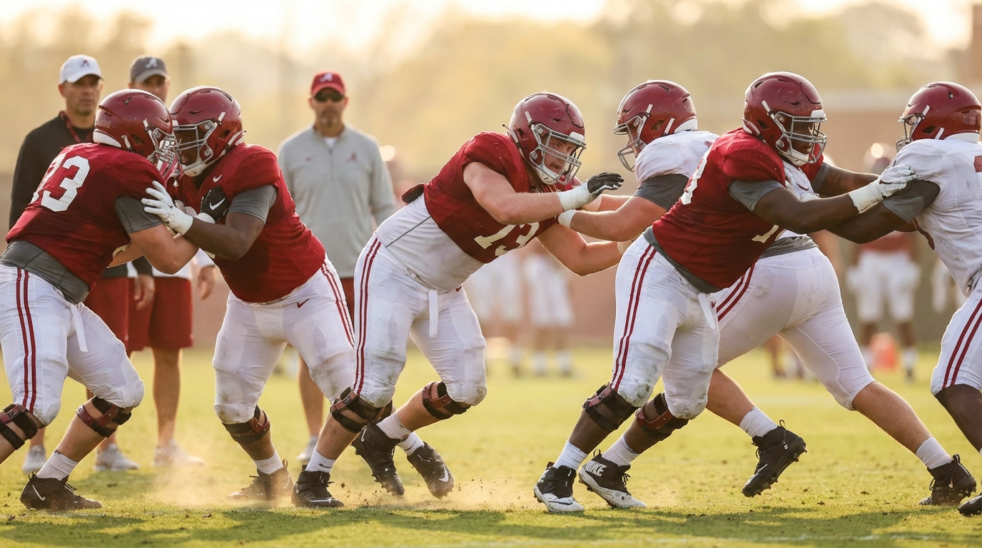 Alabama offensive line practicing live drills — players driving in blocks, showing movement, technique, and teamwork.