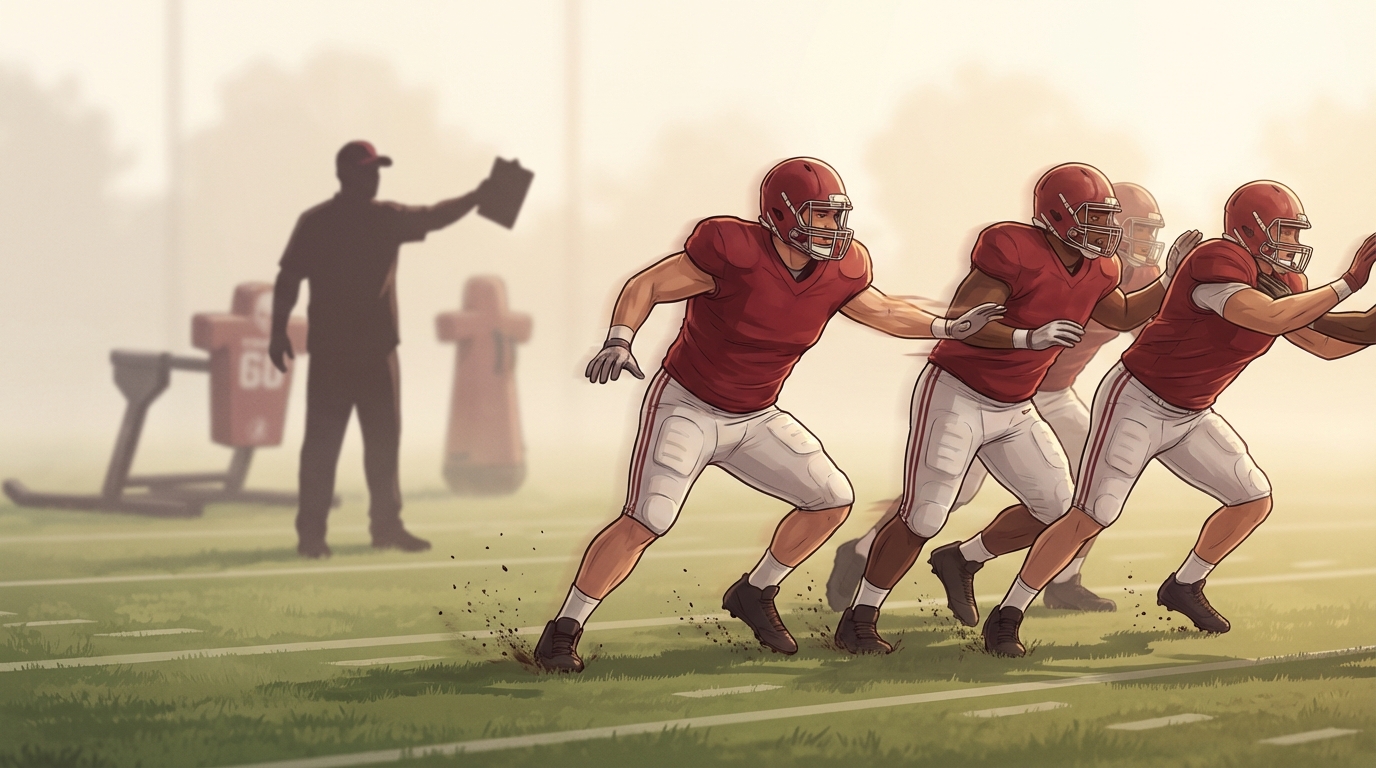 Alabama offensive linemen executing blocks