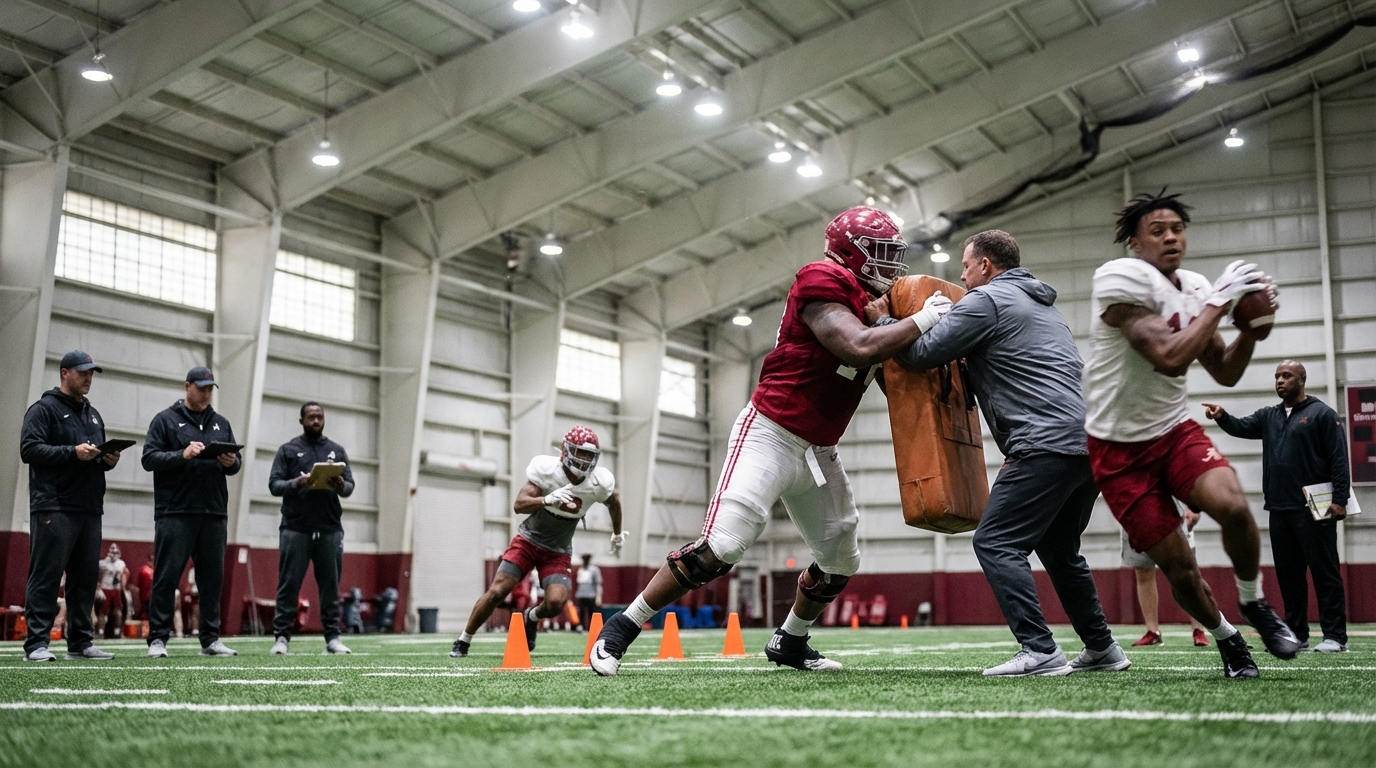 Alabama Crimson Tide Pro Day scene showing players performing drills, coaches observing, and scouts taking notes on clipboards and tablets.