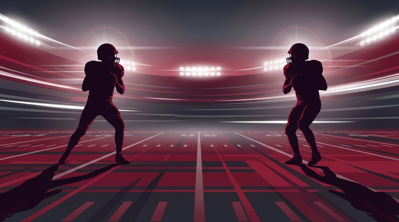 Two quarterback silhouettes under crimson stadium lights