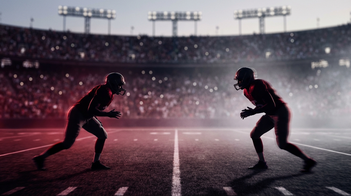 Two shadowed quarterbacks facing off at midfield