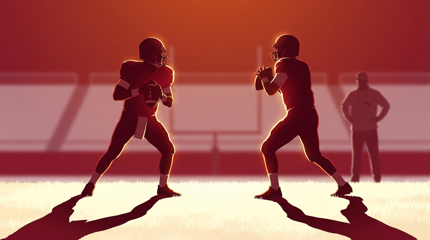 Two stylized quarterbacks face off on a practice field with warm backlight and long shadows