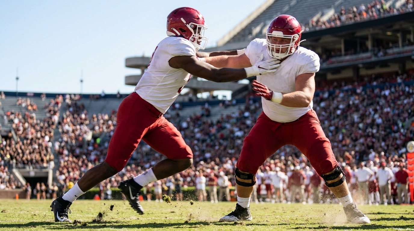 Low-angle action shot of a linebacker and offensive lineman colliding at the line of scrimmage, turf flying and motion blur, no logos or text