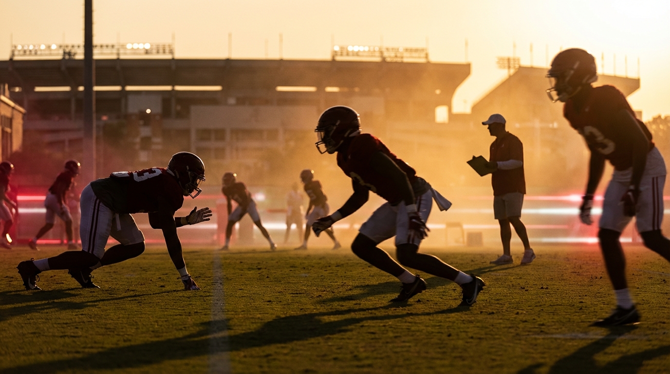 Tuscaloosa recruiting atmosphere — silhouetted players at golden hour