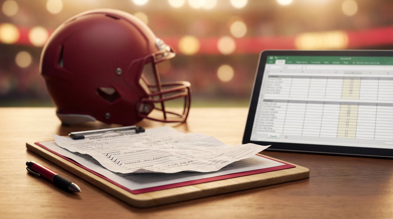 Clipboard holding recruitment paperwork and tablet, with blurred football helmet in background, crimson accents, no text
