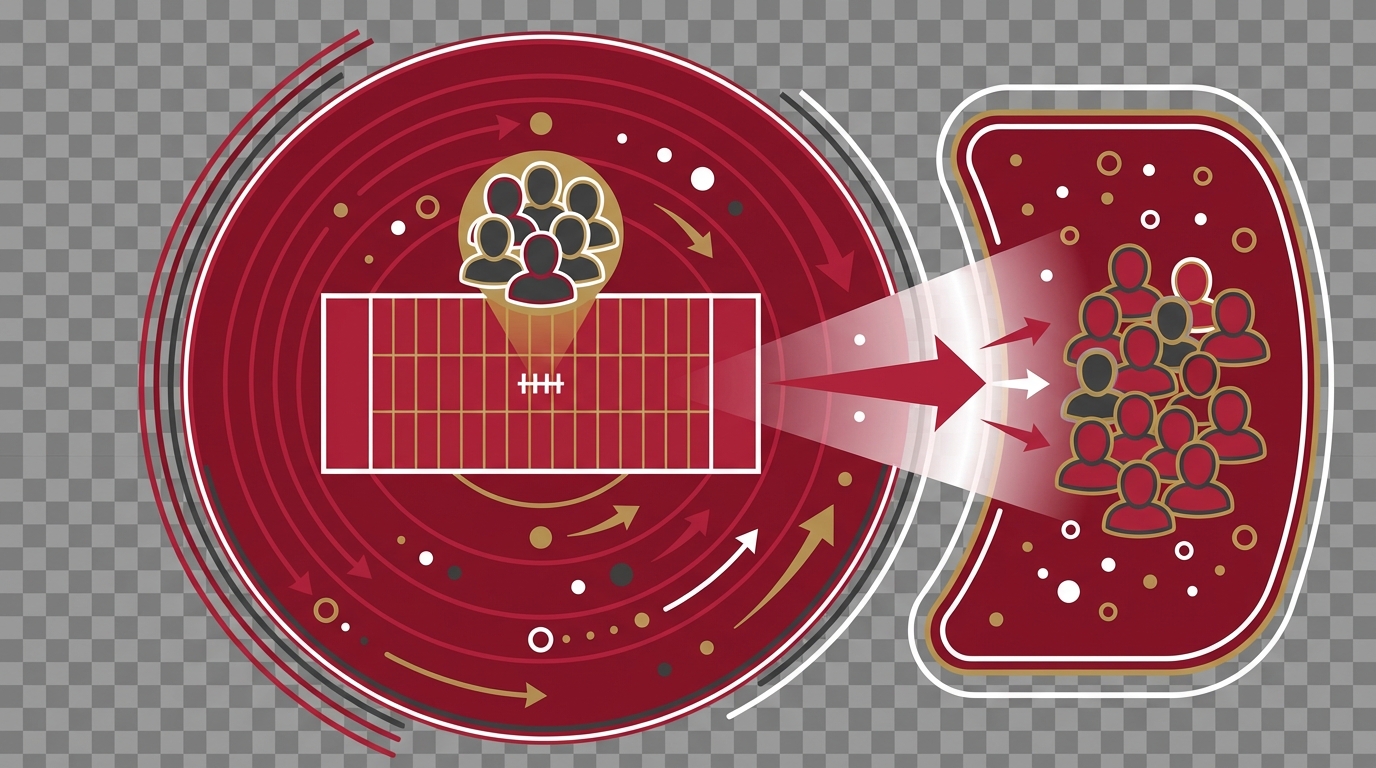 Abstract recruitment radar graphic showing clusters of player silhouettes and spotlight beams in Alabama crimson highlighting 2027 edge prospects and 2026 defense focus