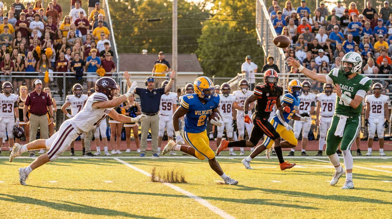 High energy high school football game scene showing multiple positions in action
