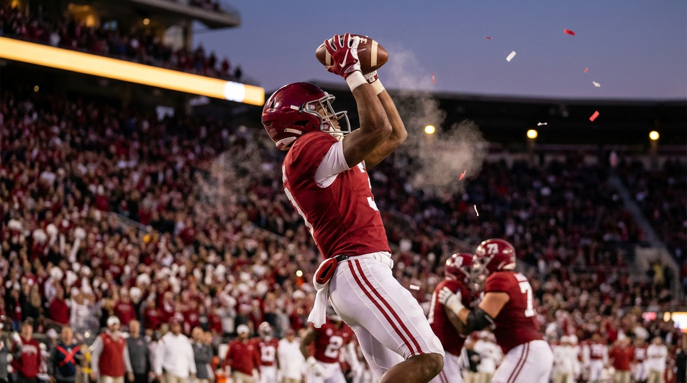Alabama returner leaping to catch a kickoff with a cheering stadium in the background