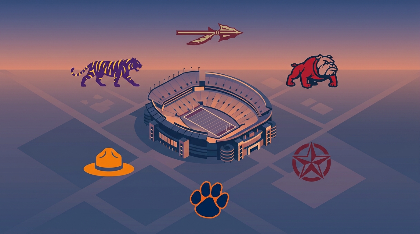 Bryant-Denny Stadium surrounded by symbolic icons of Florida State, Georgia, Texas A&M, Auburn, Tennessee, and LSU