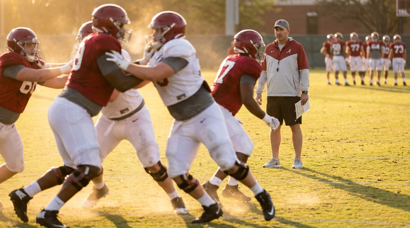 Alabama offensive linemen in spring practice