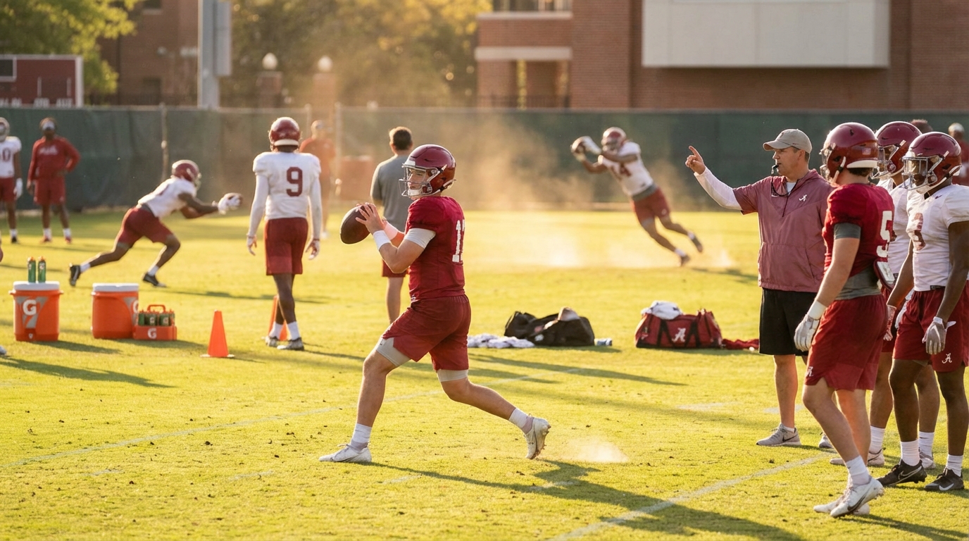 Alabama spring practice players running drills and coaches instructing