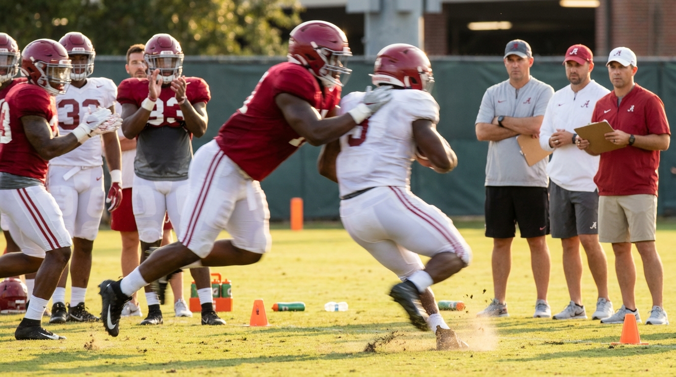 Alabama spring practice players colliding in a high-energy drill