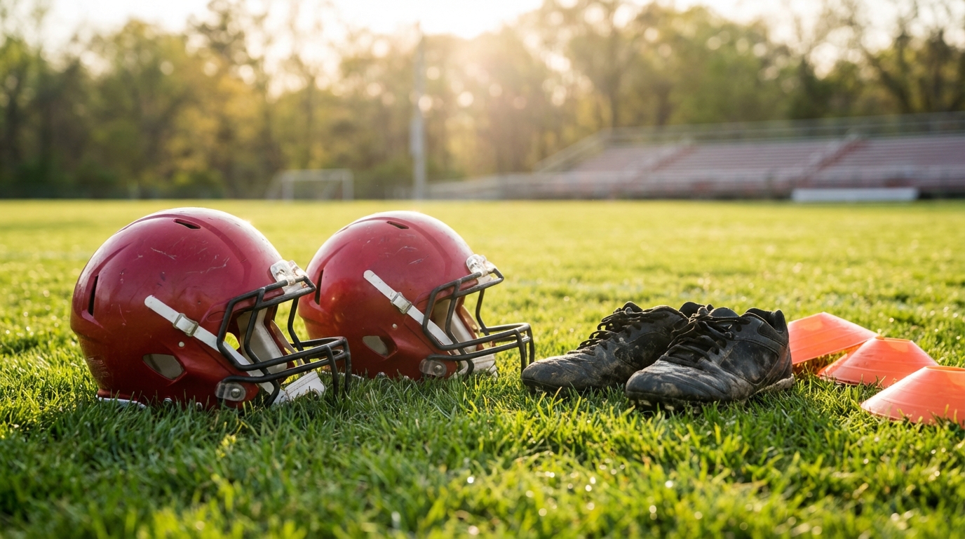 Two crimson helmets, cleats and cones on a grassy spring practice field