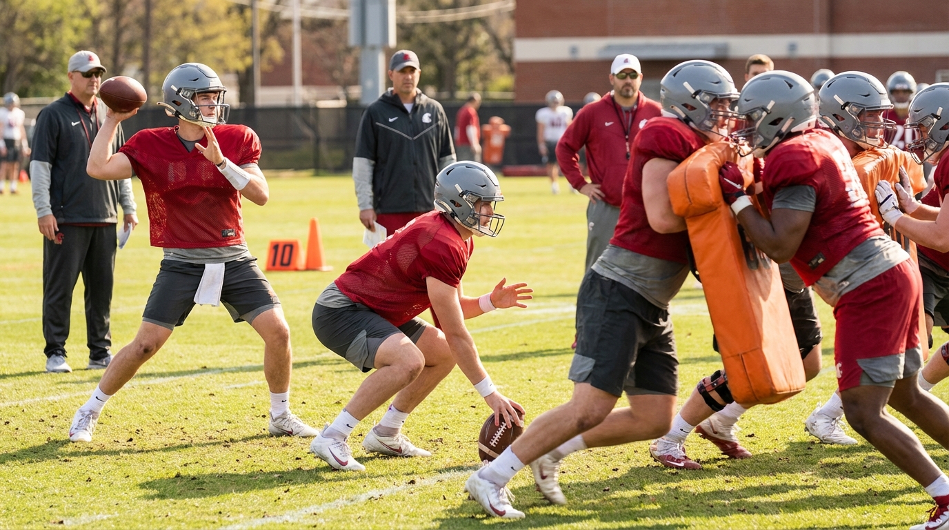 Quarterbacks and defensive linemen during Alabama spring practice