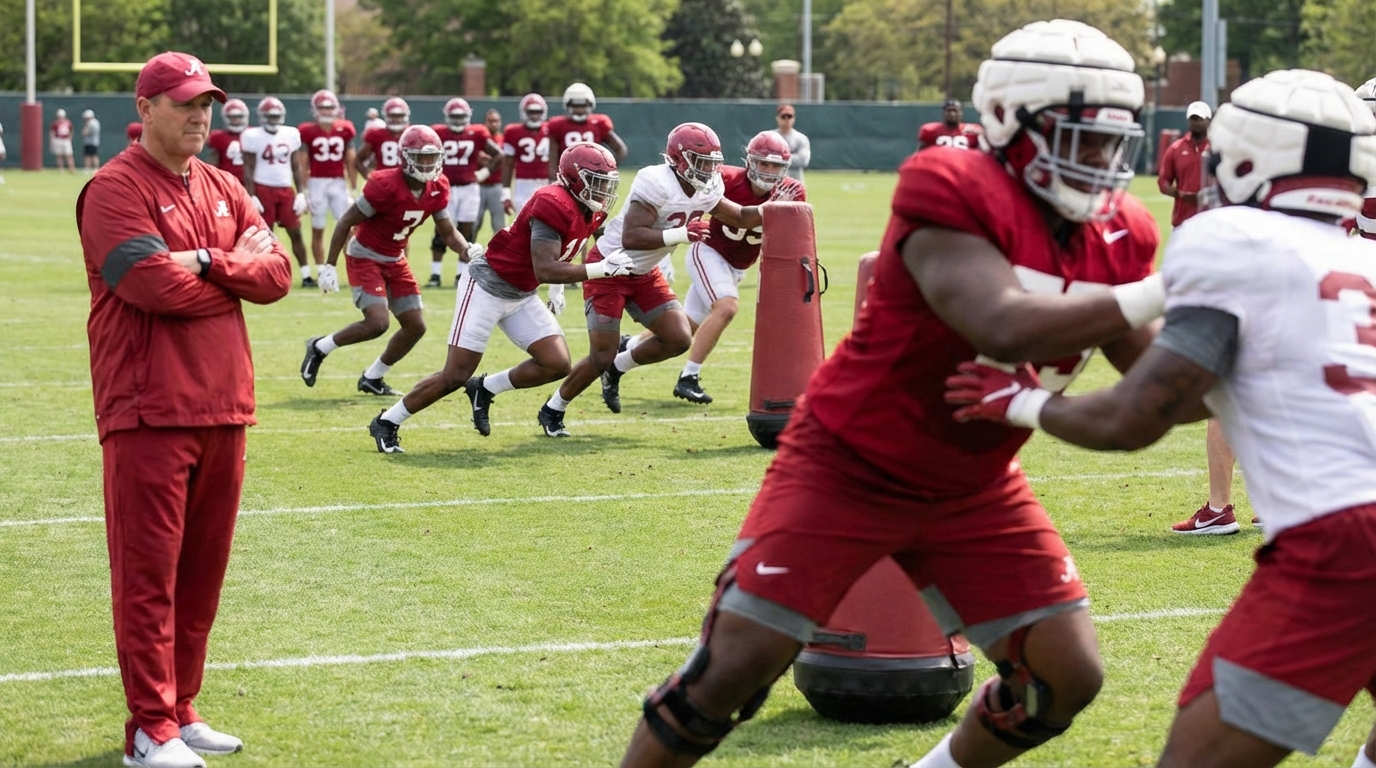Alabama spring practice players in drills