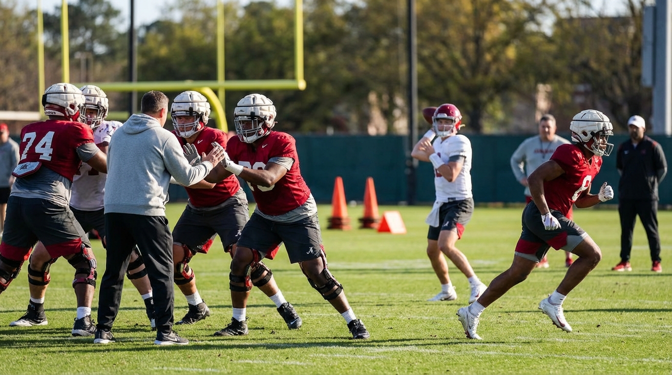 Alabama spring practice players on the field