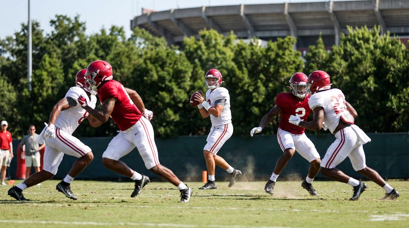 High energy Alabama spring football practice players in motion