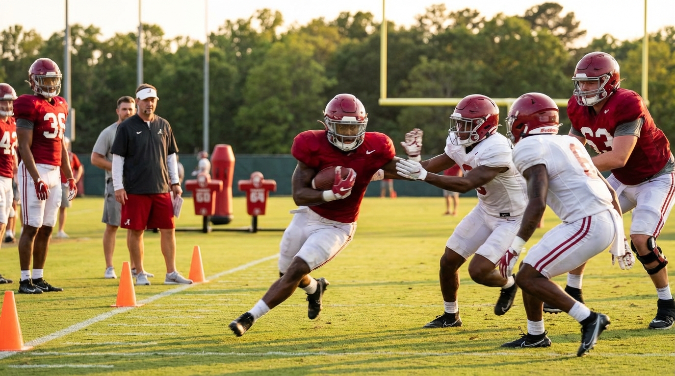 Alabama running backs and secondary during spring practice