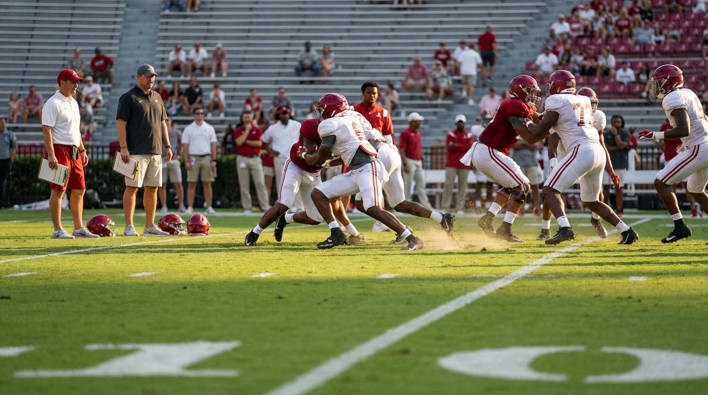 Players running drills on a sunlit practice field at Bryant-Denny Stadium during an Alabama spring scrimmage, with coaches and blurred stands in the background