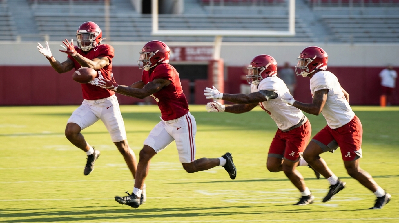 Alabama spring football WRs and inside linebackers in action