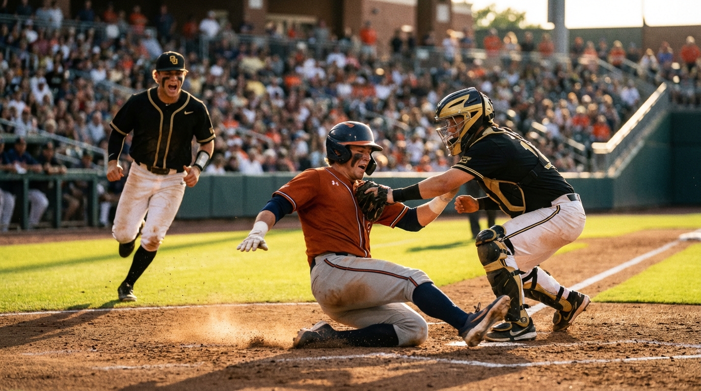 Runner sliding into home plate as catcher reaches to tag, dirt flying, dramatic golden-hour lighting