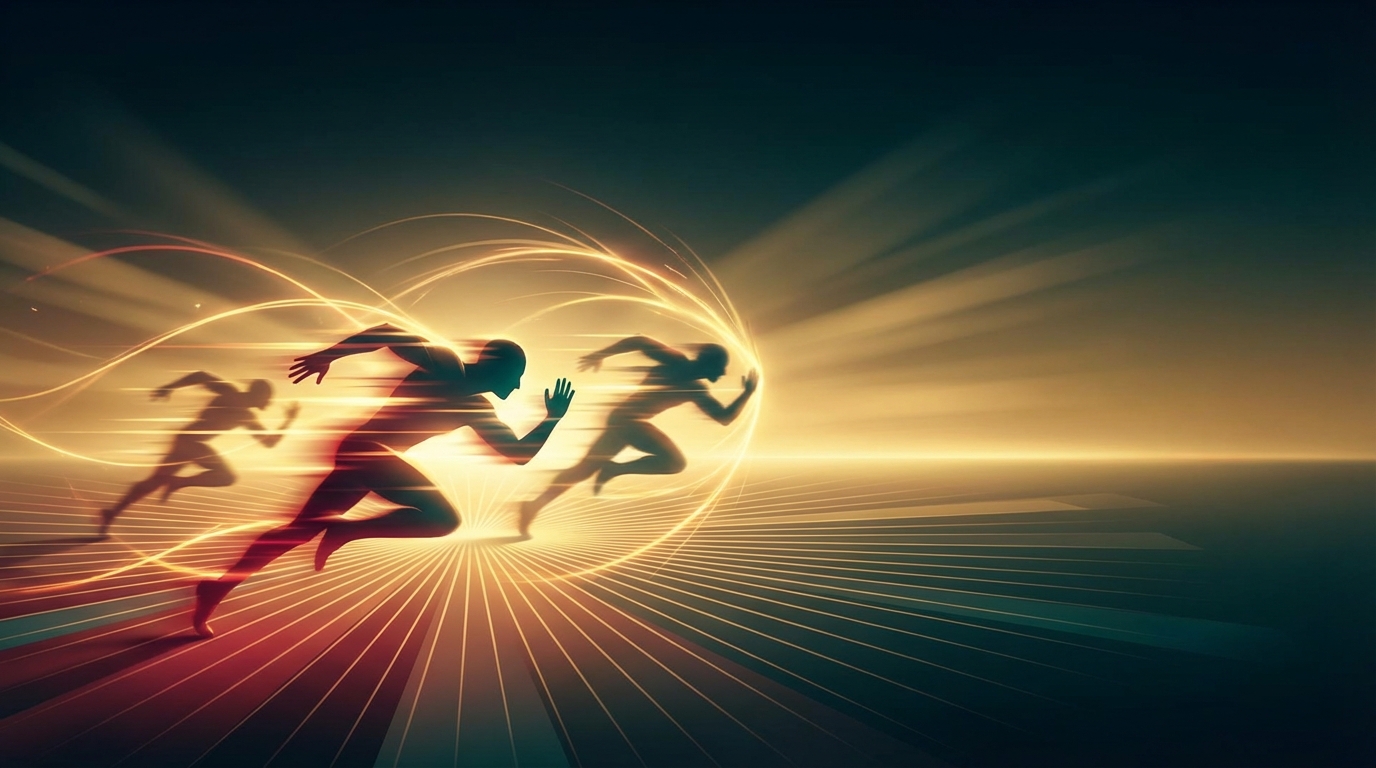 Stylized silhouettes charging across a football field at sunrise