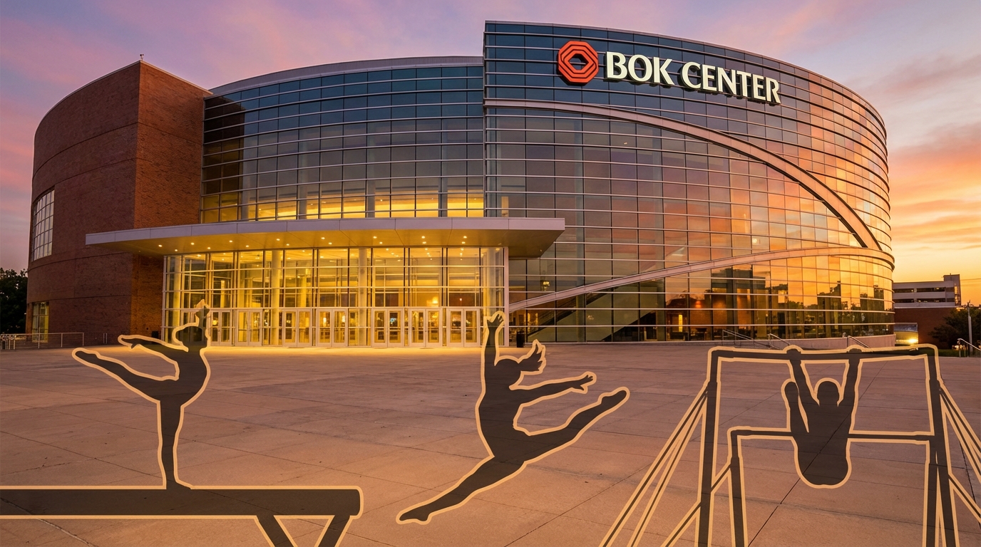 Bank of Oklahoma Center exterior with gymnastics silhouettes