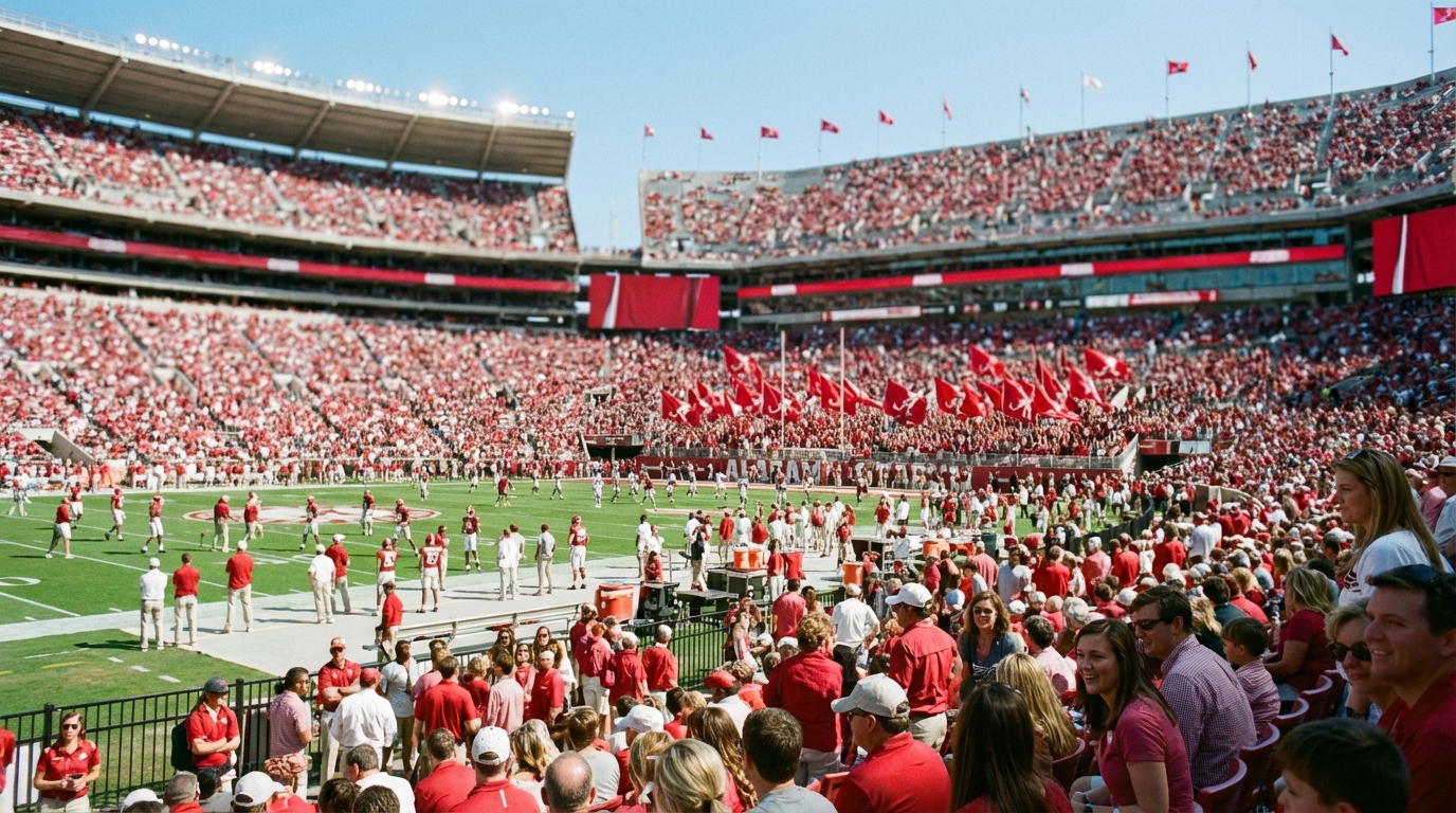 Wide-angle view of Bryant-Denny Stadium filled with fans during A-Day