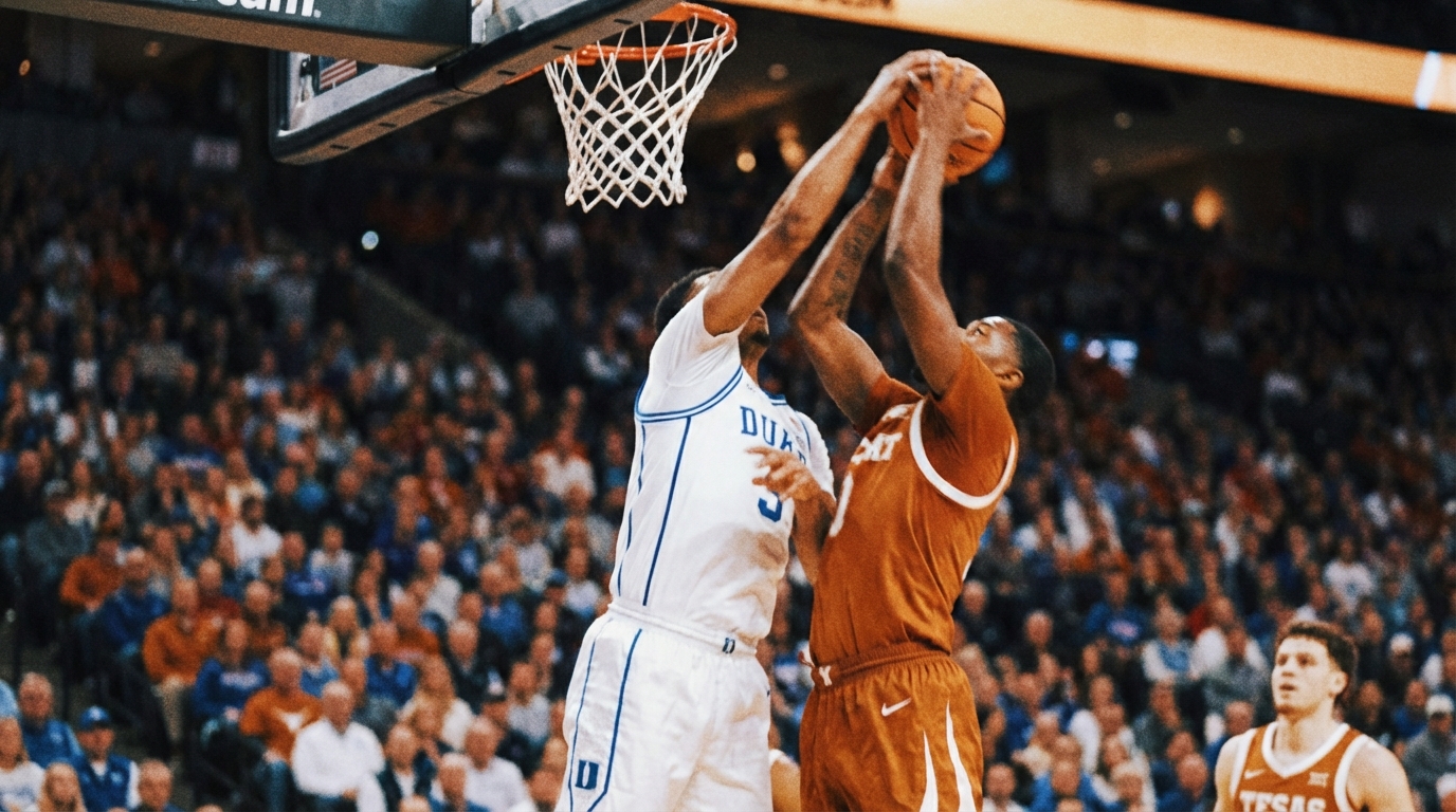 BYU and Texas players contesting rebound in packed arena