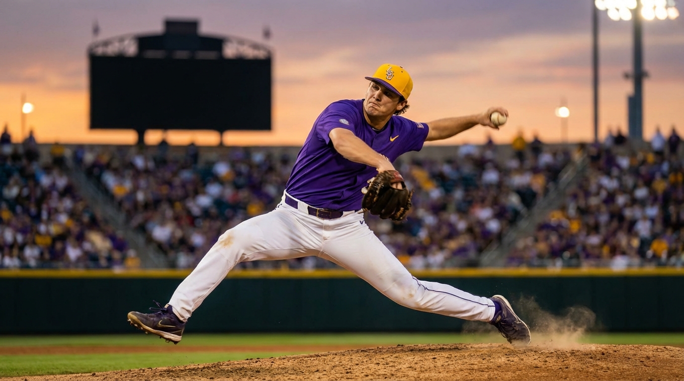 College pitcher mid-throw in LSU colors