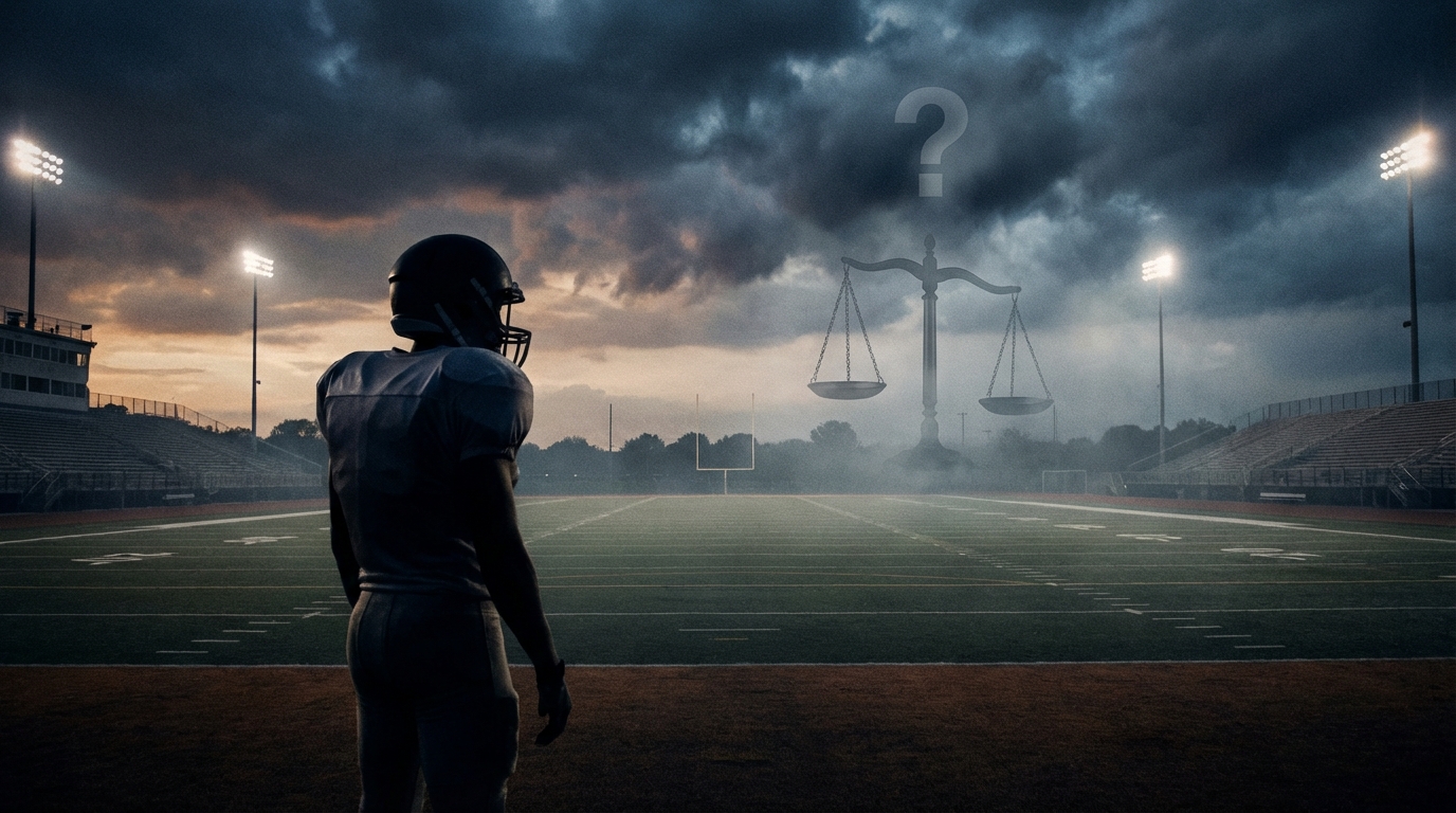 Dramatic college football scene: shadowed player silhouette with legal scales and question mark over a dusk stadium