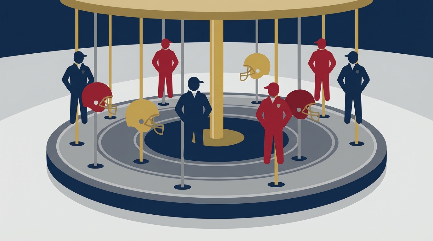 Stylized carousel with football helmets and coach silhouettes