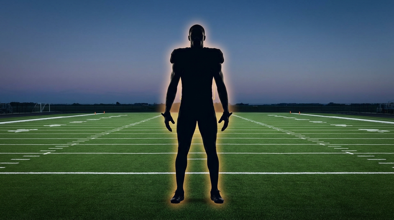 Towering wide receiver silhouette on a football field