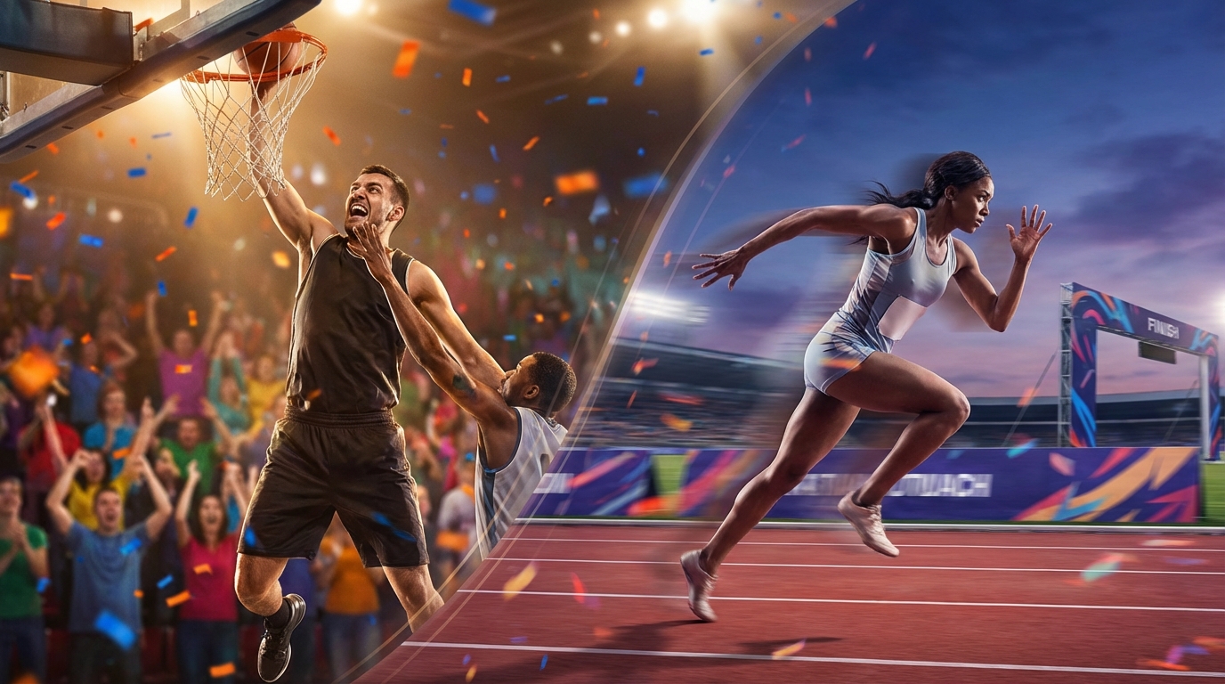 Split-scene: Elite 8 basketball and Raleigh Relays runner