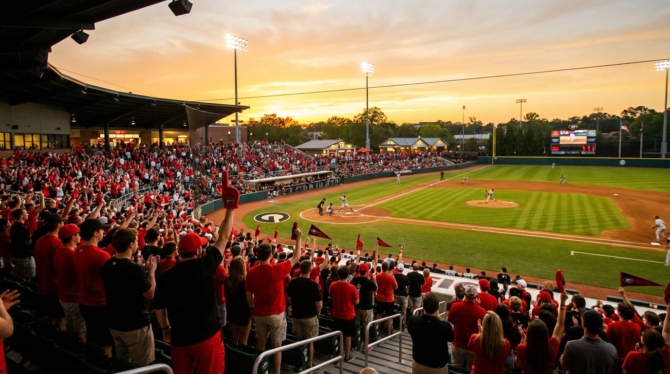 Foley Field atmosphere at dusk, packed stands and players on the field