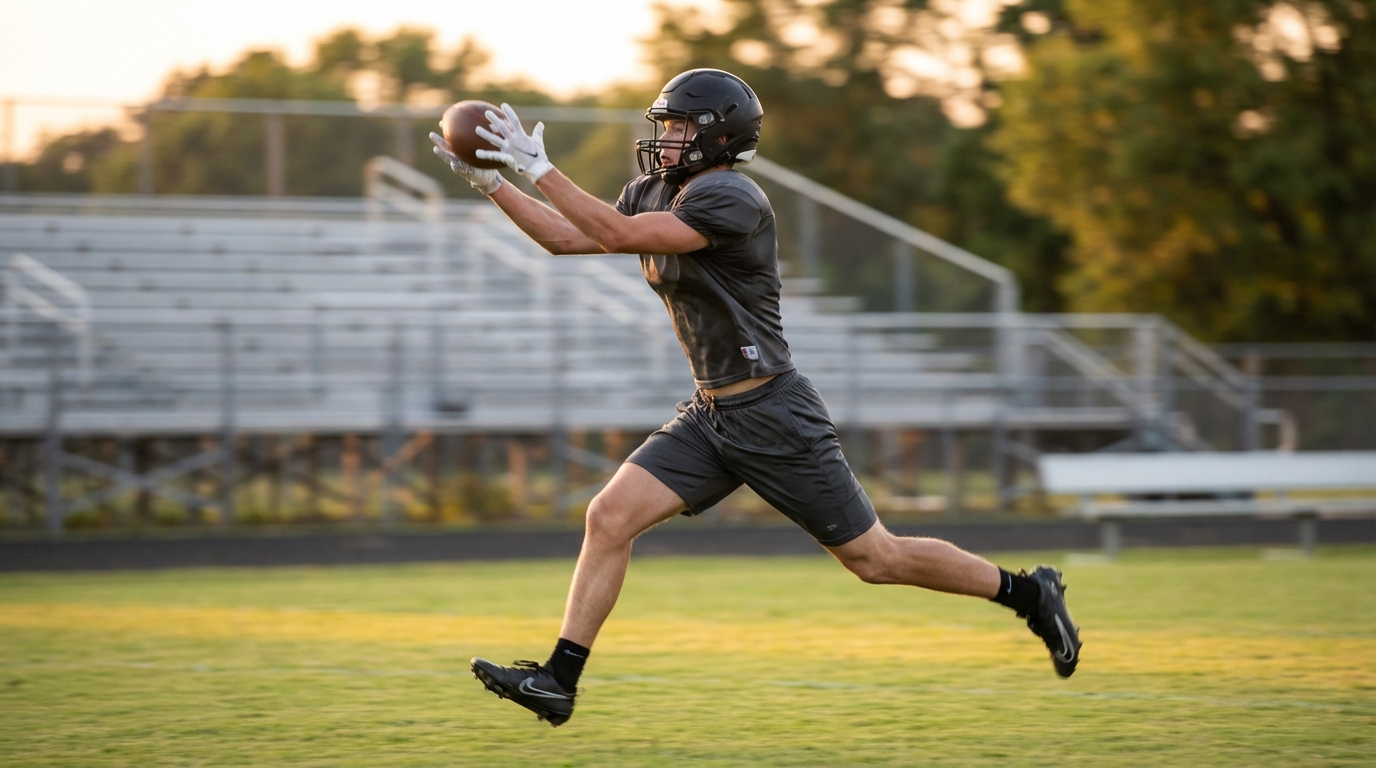 Young football recruit catching a pass