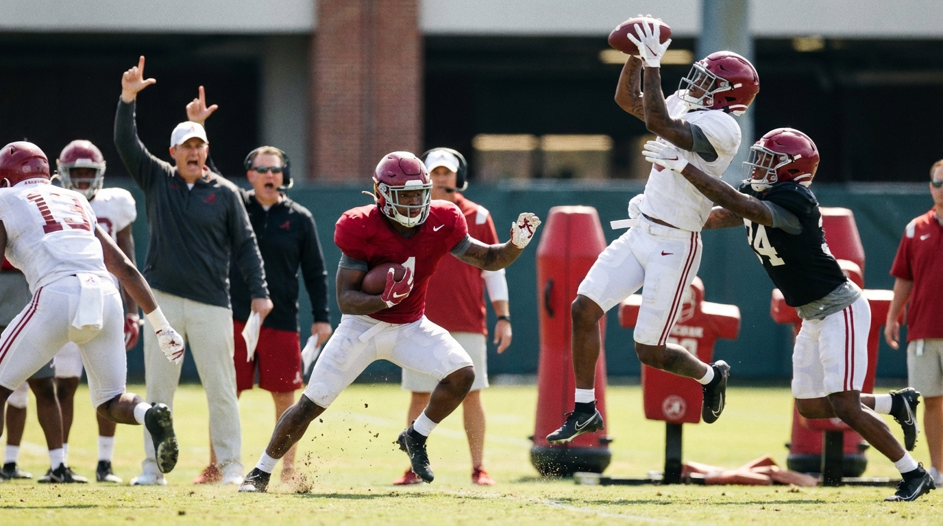 College football freshmen practicing spring drills