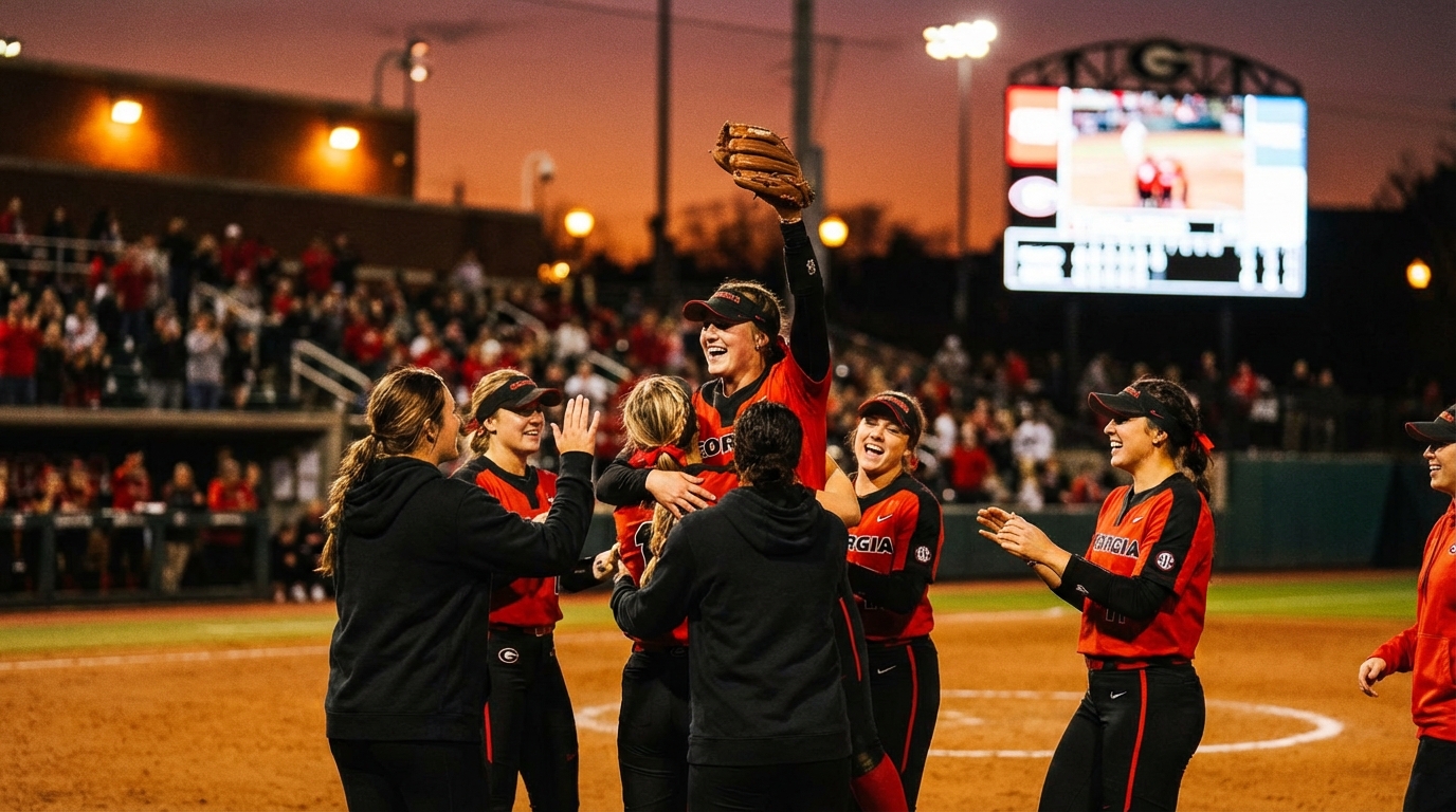 Georgia Bulldogs players celebrating on the infield at Jack Turner Stadium