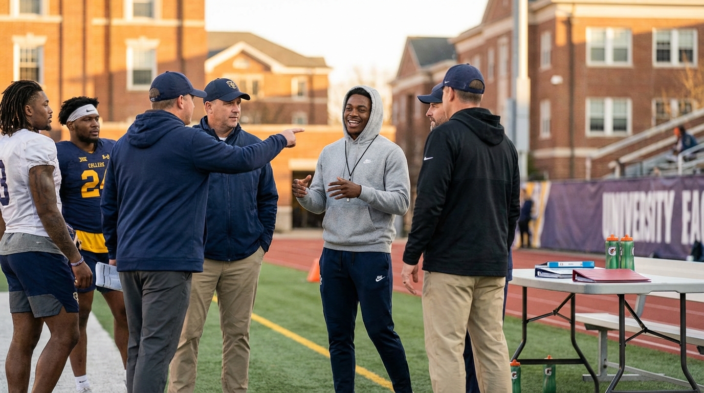 Young defensive back during a college recruiting visit on a stadium sideline with coaches and players