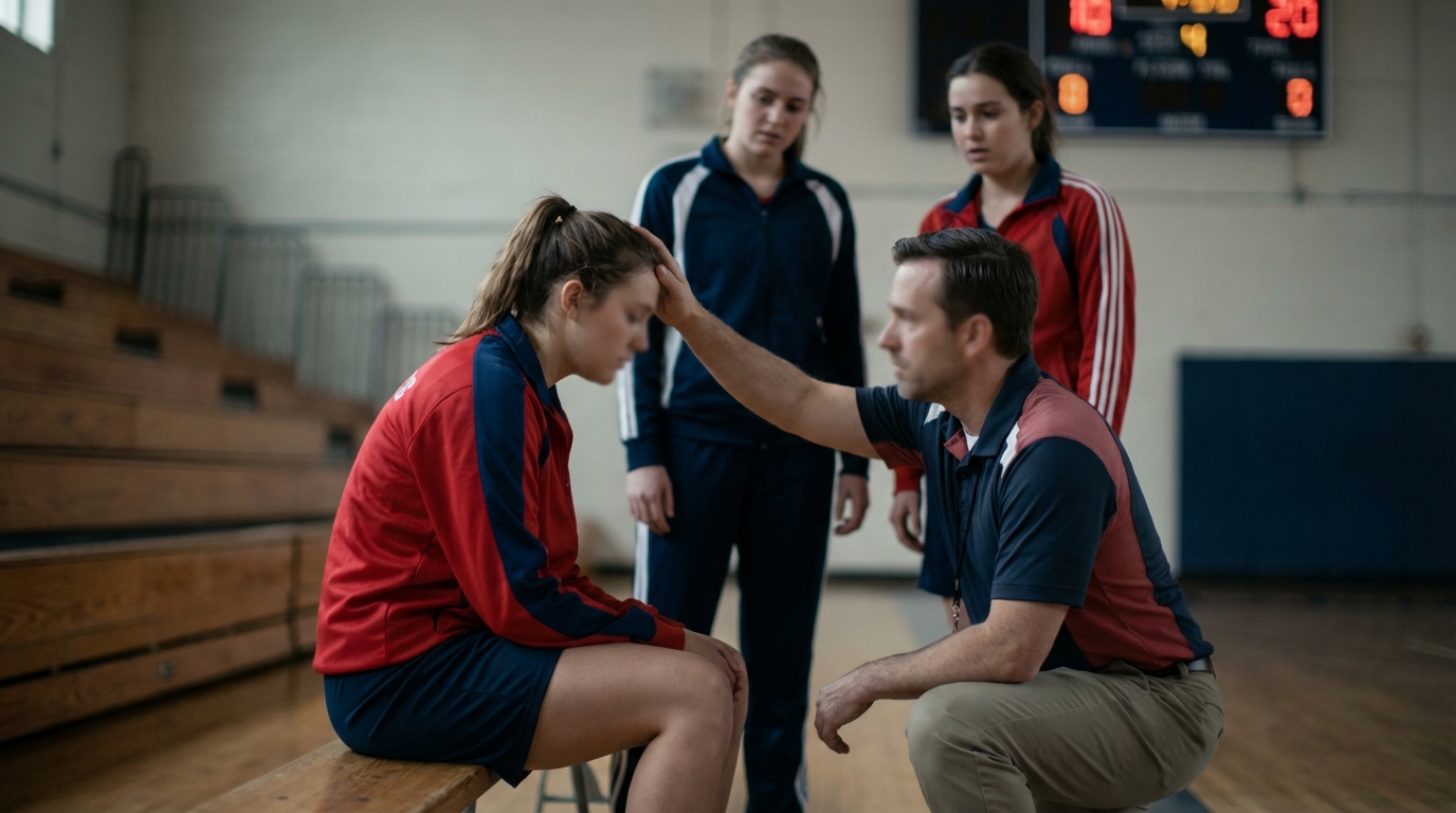 Player receiving attention on the bench after a head knock