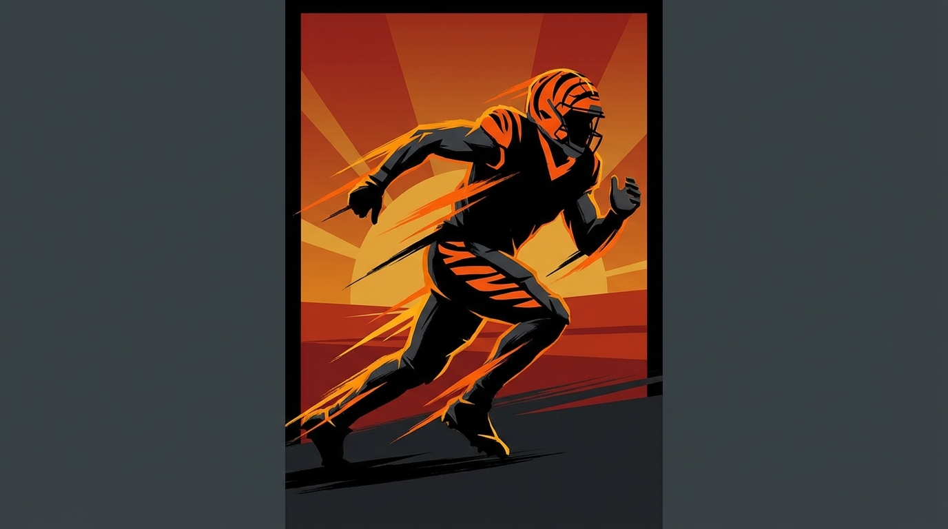 Illustration of a football defensive lineman in Bengals black and orange driving forward with sunrise gradient symbolizing transition and new beginnings